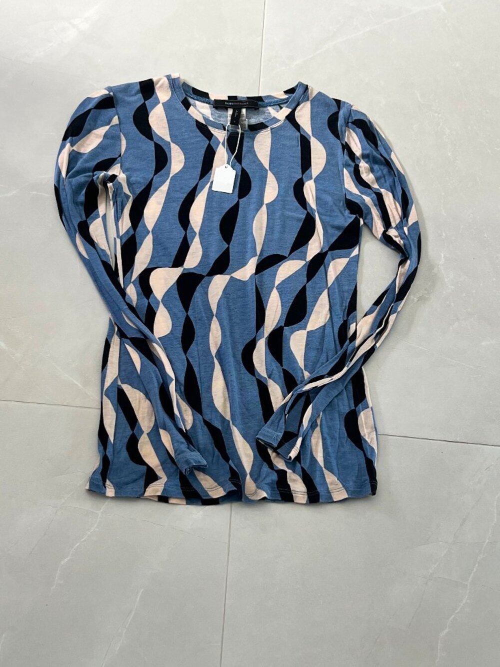 BCBG Maxazria Blue Cream Swirl Print Long Sleeve Top Puff Shoulder (Size S)